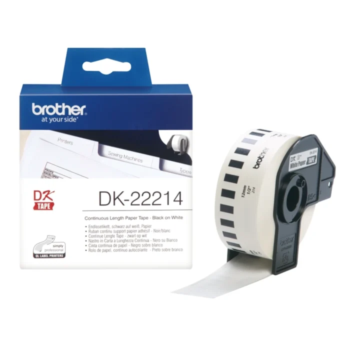 Brother-DK-22214-1 BROTHER เทปกระดาษต่อเนื่องพื้นขาว ขนาด 12 มม. DK-22214 (ชนิดม้วน)