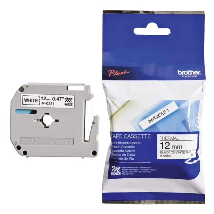 BROTHER เทปพิมพ์อักษรสีดำ พื้นขาว ขนาด 12 มม. M-K231