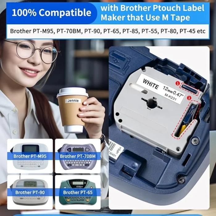 BROTHER เทปพิมพ์อักษรสีดำ พื้นขาว ขนาด 12 มม. M-K231