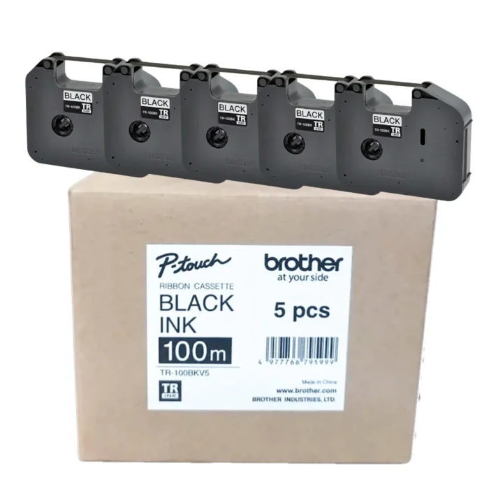 BROTHER เทปผ้าหมึกพิมพ์ติดปลอกสายไฟ พื้นดำ ขนาด 12 มม. TR-100BKV5 (ชุด 5 อัน)