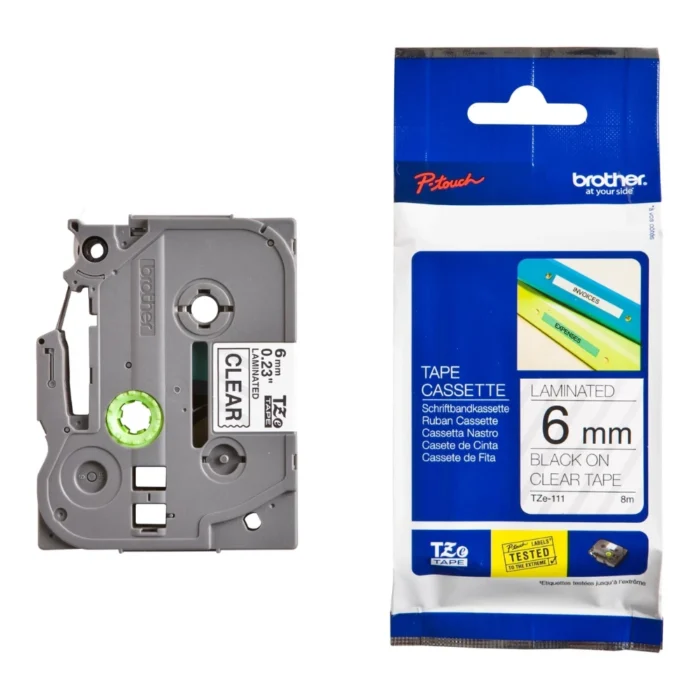 Brother-TZE-111-1 BROTHER เทปพิมพ์อักษรสีดำ พื้นใส ขนาด 6 มม. TZE-111