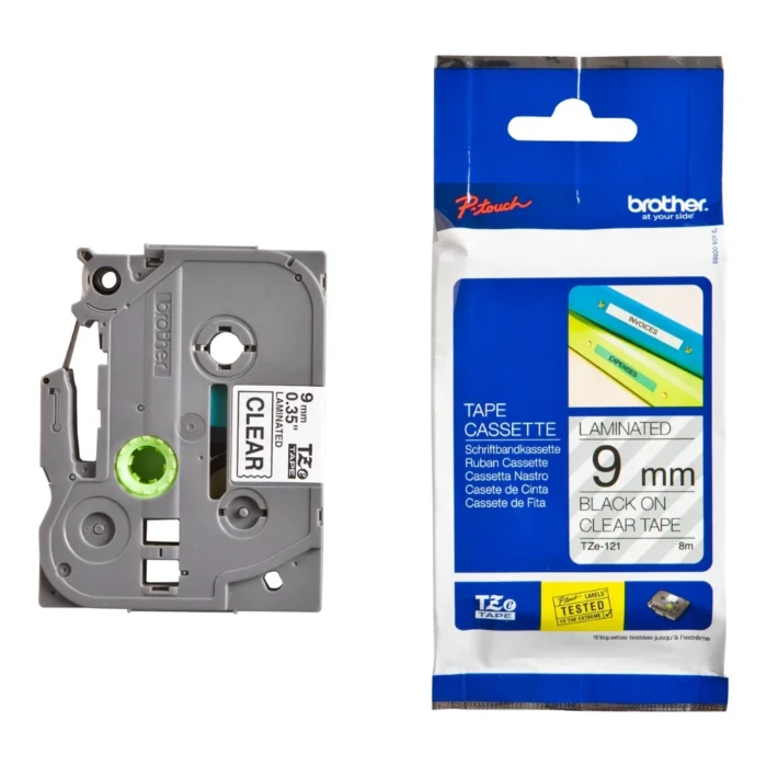 BROTHER เทปพิมพ์อักษรสีดำ พื้นใส ขนาด 9 มม. TZE-121
