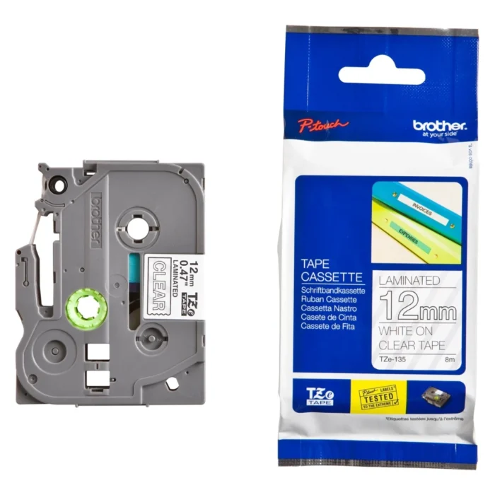 BROTHER เทปพิมพ์อักษรสีขาว พื้นใส ขนาด 12 มม. TZE-135