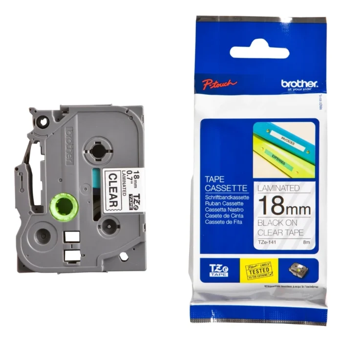 BROTHER เทปพิมพ์อักษรสีดำ พื้นใส ขนาด 18 มม. TZE-141