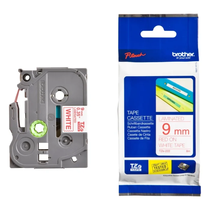 Brother-TZE-222-1 BROTHER เทปพิมพ์อักษรสีแดง พื้นขาว ขนาด 9 มม. TZE-222