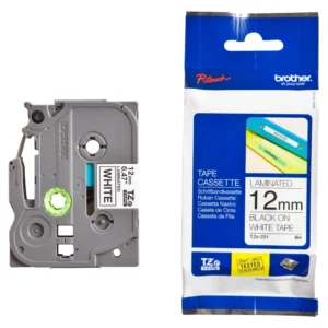 BROTHER เทปพิมพ์อักษรสีดำ พื้นขาว ขนาด 12 มม. TZE-231