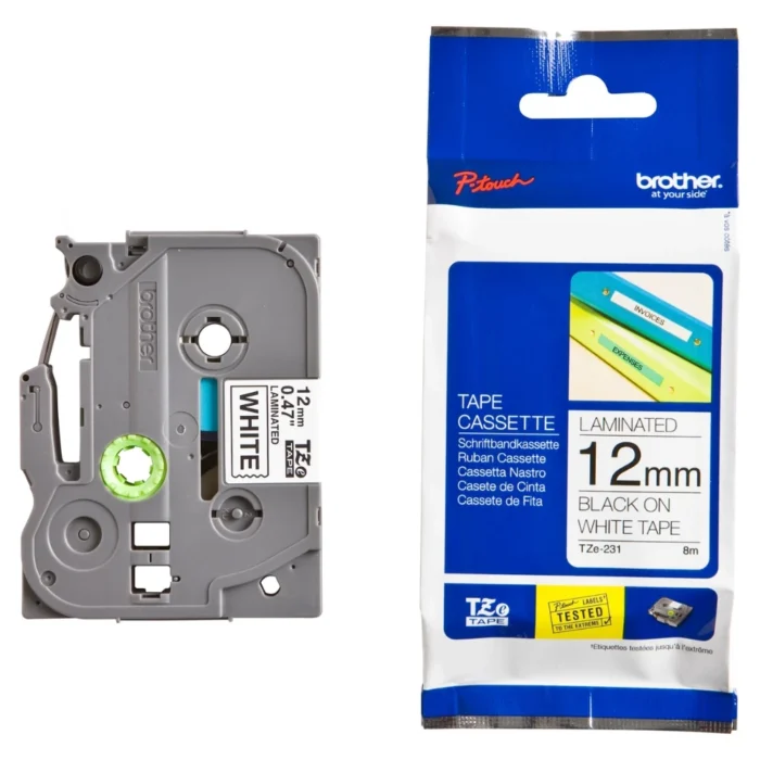 BROTHER เทปพิมพ์อักษรสีดำ พื้นขาว ขนาด 12 มม. TZE-231