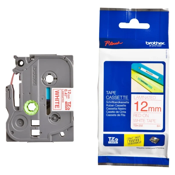 BROTHER เทปพิมพ์อักษรสีแดง พื้นขาว ขนาด 12 มม. TZE-232