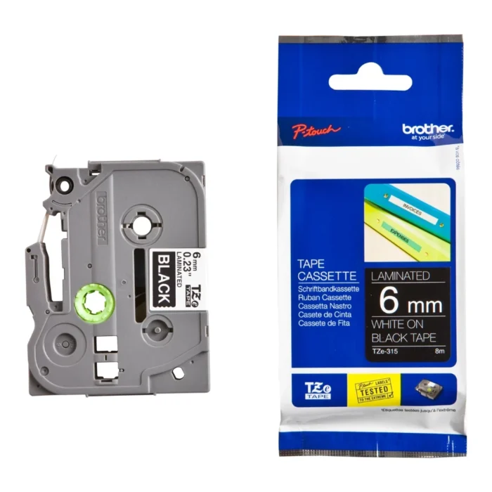 BROTHER เทปพิมพ์อักษรสีขาว พื้นดำ ขนาด 6 มม. TZE-315