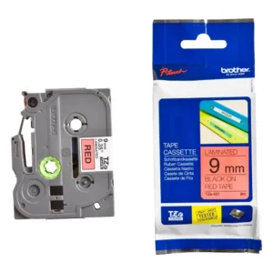 BROTHER เทปพิมพ์อักษรสีดำ พื้นแดง ขนาด 9 มม. TZE-421