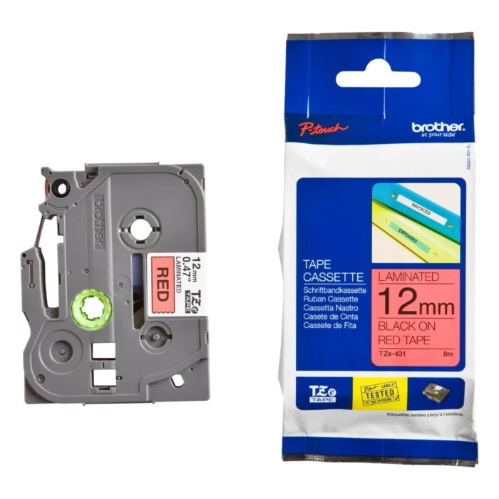 Brother-TZE-431-1 BROTHER เทปพิมพ์อักษรสีดำ พื้นแดง ขนาด 12 มม. TZE-431