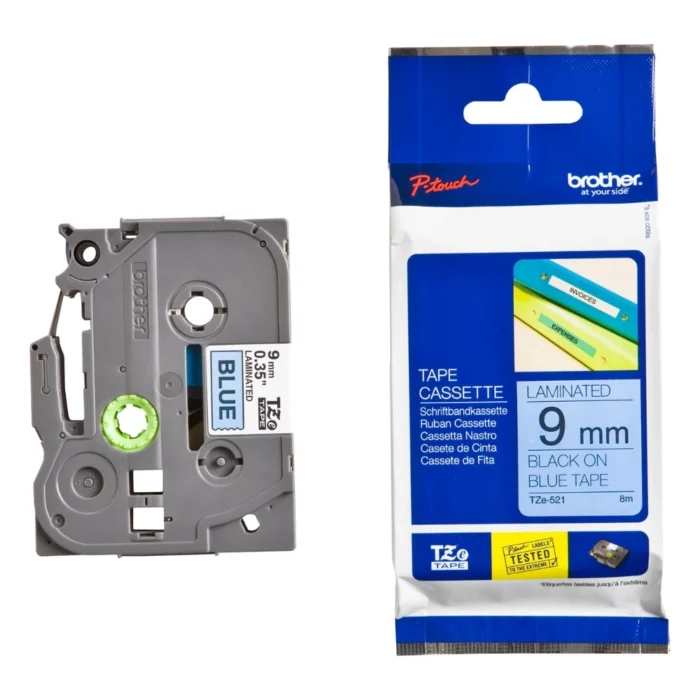 BROTHER เทปพิมพ์อักษรสีดำ พื้นน้ำเงิน ขนาด 9 มม. TZE-521
