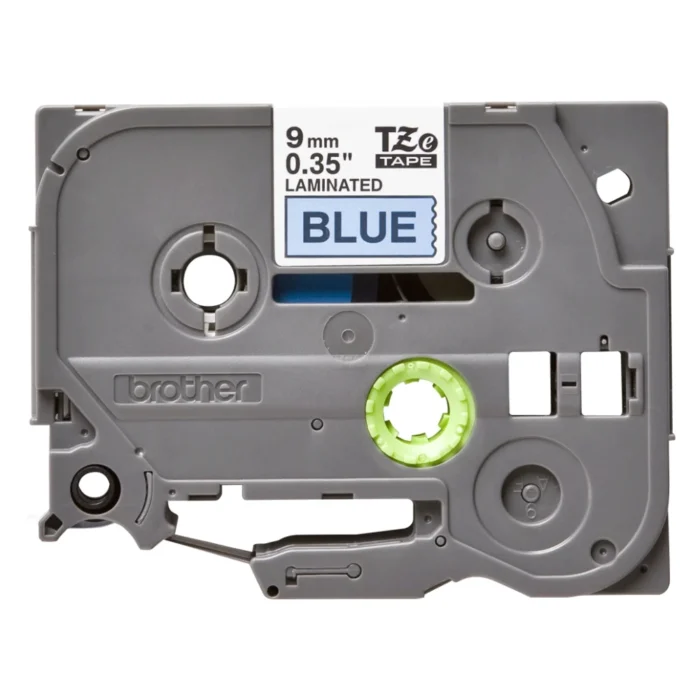 BROTHER เทปพิมพ์อักษรสีดำ พื้นน้ำเงิน ขนาด 9 มม. TZE-521