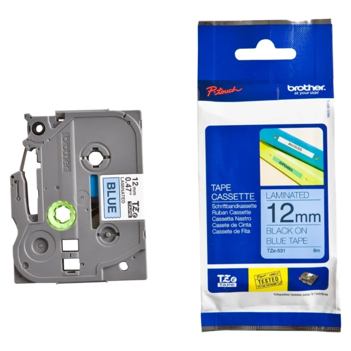 BROTHER เทปพิมพ์อักษรสีดำ พื้นน้ำเงิน ขนาด 12 มม. TZE-531