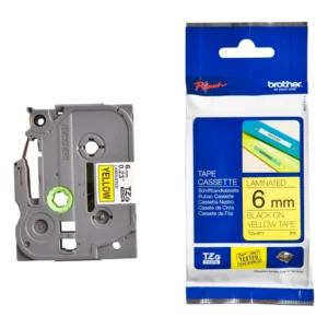 BROTHER เทปพิมพ์อักษรสีดำ พื้นเหลือง ขนาด 6 มม. TZE-611