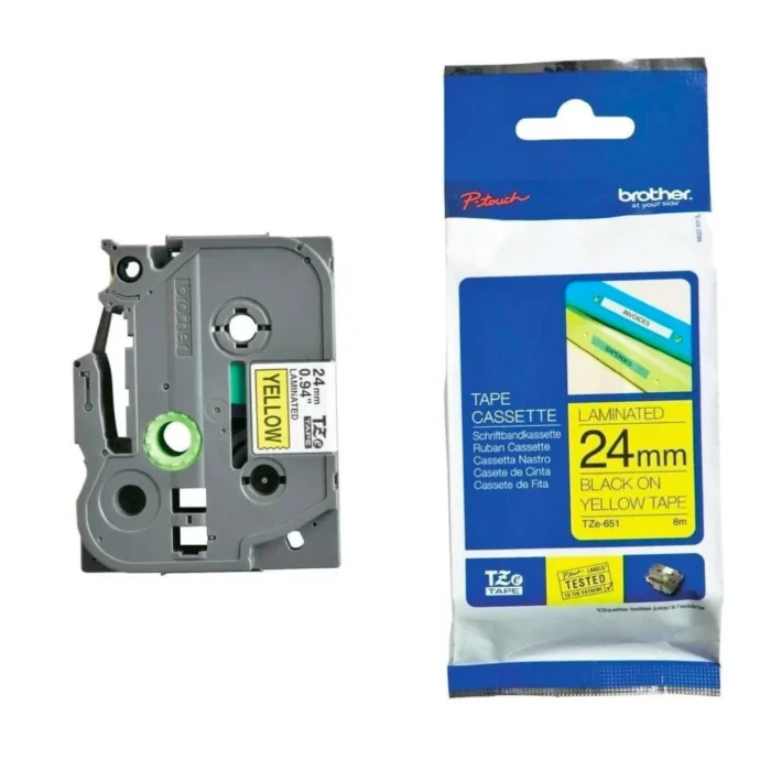 BROTHER เทปพิมพ์อักษรสีดำ พื้นเหลือง ขนาด 24 มม. TZE-651