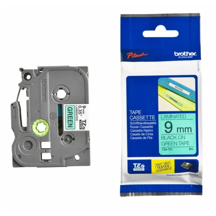 Brother-TZE-721-1 BROTHER เทปพิมพ์อักษรสีดำ พื้นเขียว ขนาด 9 มม. TZE-721