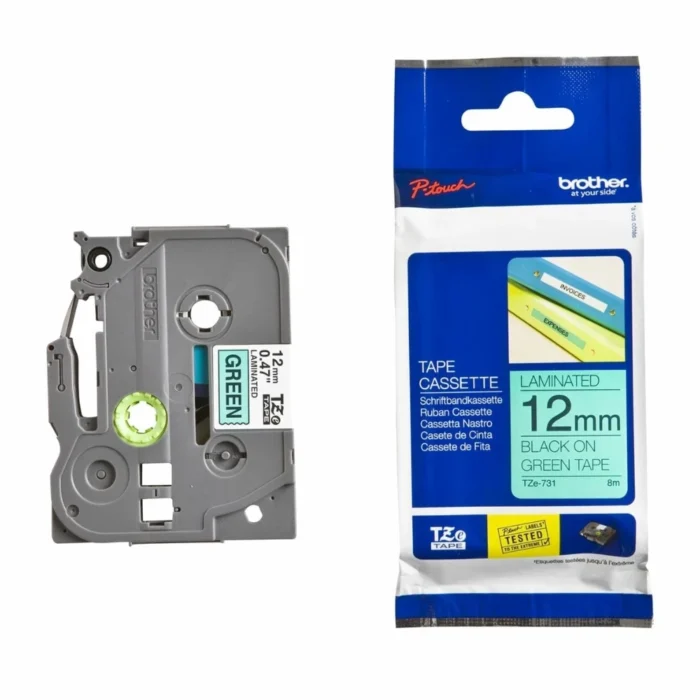 BROTHER เทปพิมพ์อักษรสีดำ พื้นเขียว ขนาด 12 มม. TZE-731
