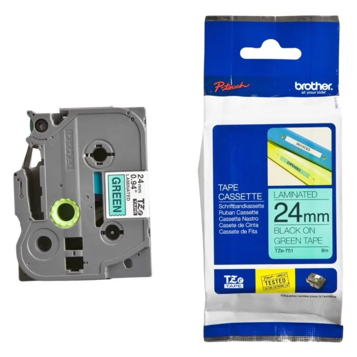 BROTHER เทปพิมพ์อักษรสีดำ พื้นเขียว ขนาด 24 มม. TZE-751