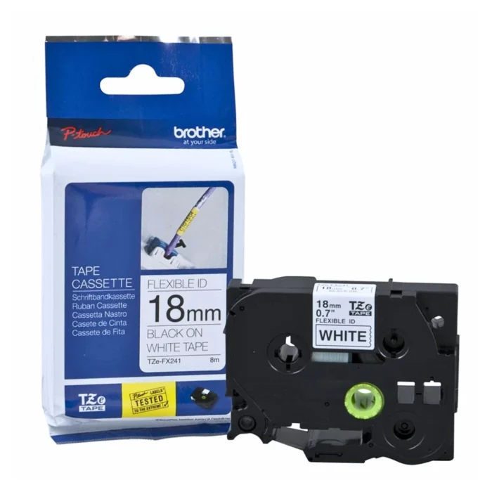BROTHER เทปพิมพ์อักษรสีดำ พื้นขาว ขนาด 18 มม. TZE-FX241 (ชนิดยืดหยุ่นพิเศษ)