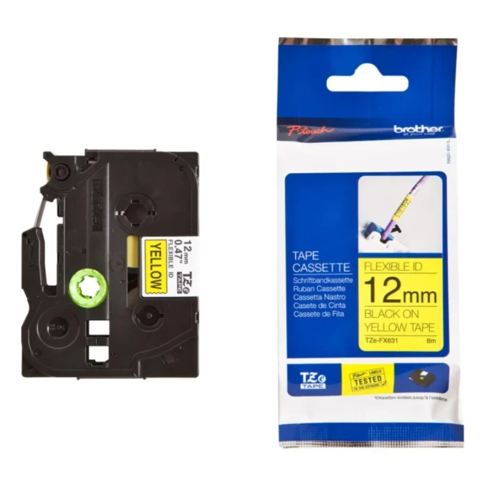 BROTHER เทปพิมพ์อักษรสีดำ พื้นเหลือง ขนาด 12 มม. TZE-FX631 (ชนิดยืดหยุ่นสูง)
