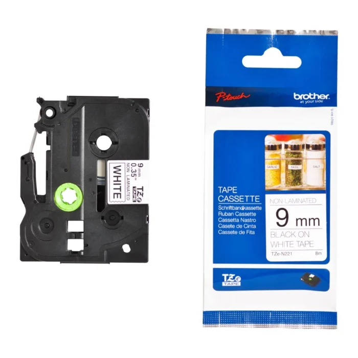 BROTHER เทปพิมพ์อักษรสีดำ พื้นขาว ขนาด 9 มม. TZE-N221 (ชนิดไม่เคลือบพลาสติก)