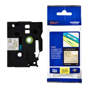 BROTHER เทปพิมพ์อักษรสีทอง พื้นขาว ขนาด 12 มม. TZE-PR234 (มีกากเพชร)