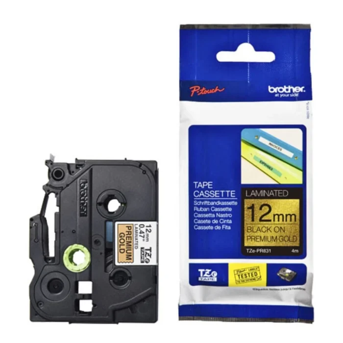 Brother-TZE-PR831-1 BROTHER เทปพิมพ์อักษรสีดำ พื้นทอง ขนาด 12 มม. TZE-PR831 (มีกากเพชร)