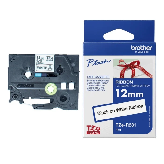 BROTHER เทปพิมพ์อักษรสีดำ พื้นขาว ขนาด 12 มม. TZE-R231 (เทปริบบิ้น)