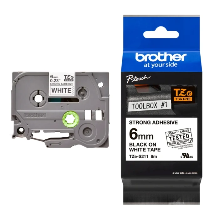 BROTHER เทปพิมพ์อักษรสีดำ พื้นขาว ขนาด 6 มม. TZE-S211 (ชนิดยึดเกาะแน่น)