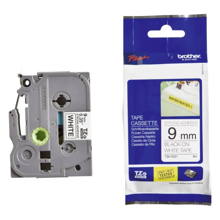 Brother-TZE-S221-1 BROTHER เทปพิมพ์อักษรสีดำ พื้นขาว ขนาด 9 มม. TZE-S221 (ชนิดยึดเกาะสูง)