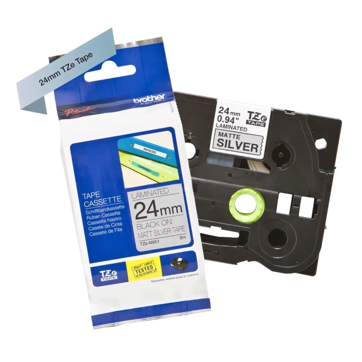 Brother TZE-M951 Tape 01 BROTHER เทปพิมพ์อักษรสีดำ พื้นเงิน ขนาด 24 มม. TZE-M951