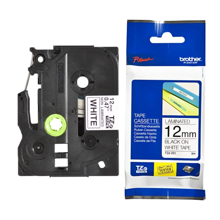 BROTHER เทปพิมพ์อักษรสีดำ พื้นขาว ขนาด 12 มม. TZE-N231 (ชนิดยืดหยุ่นสูง)