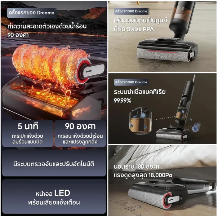 Dreame H13 Flexreach Wet and Dry Vacuum เครื่องดูดฝุ่นถูพื้นอัจฉริยะ 18,000Pa ซักแปรงน้ำร้อน 90°C เป่าแห้งอัตโนมัติ แบต 50 นาที สีเทา