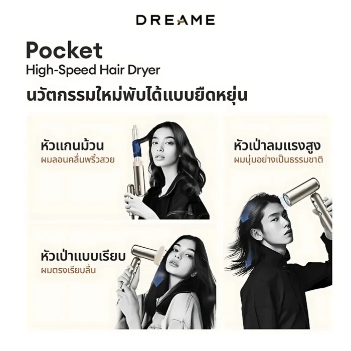 dreame-pocket-hair-dryer-space-gray-4 Dreame Pocket Hair Dryer (Hair Dryer) Space Gray ไดร์เป่าผมพับได้ มอเตอร์ 110,000 RPM ไอออนลบ 300 ล้าน 70 m/s สีเทา