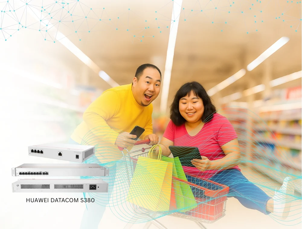 คู่รักกำลังเลือกซื้อสินค้า พร้อมภาพซ้อนของอุปกรณ์เครือข่าย Huawei Router หรือ Gateway