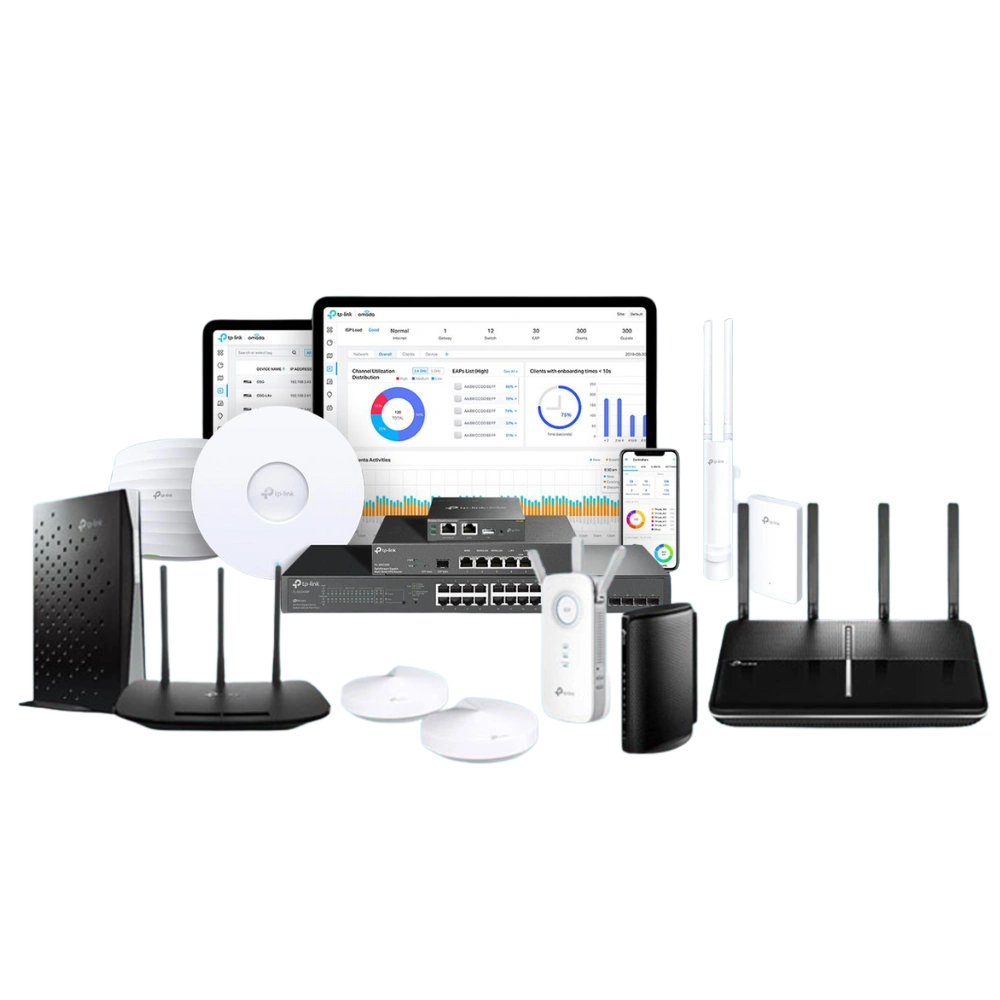 ชุดอุปกรณ์เครือข่าย TP-Link สำหรับบ้านและธุรกิจ ประกอบด้วย เราเตอร์ (Router), ตัวขยายสัญญาณ Wi-Fi (Range Extender), และอุปกรณ์ Mesh Wi-Fi